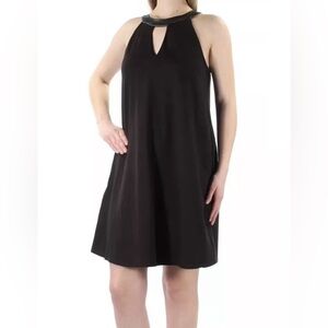 Chelsea Sky Womens Black Faux Leather Collar Trim Cut-Out Tent Party Dress NWT